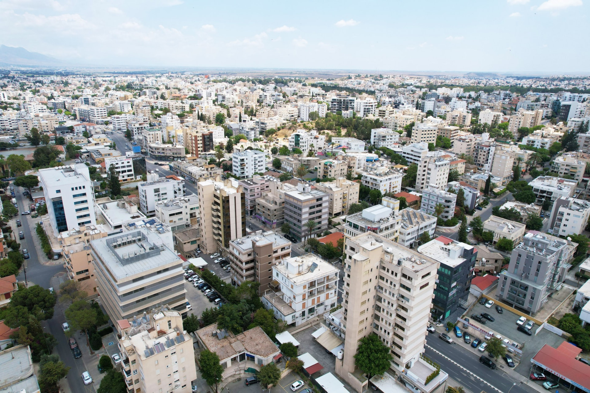 Nicosia business district skyline at golden hour