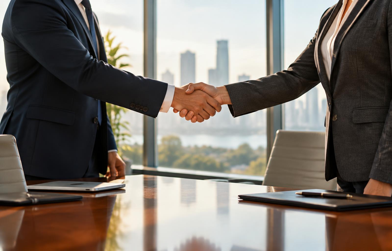 Two business partners shaking hands across a conference table in a bright office