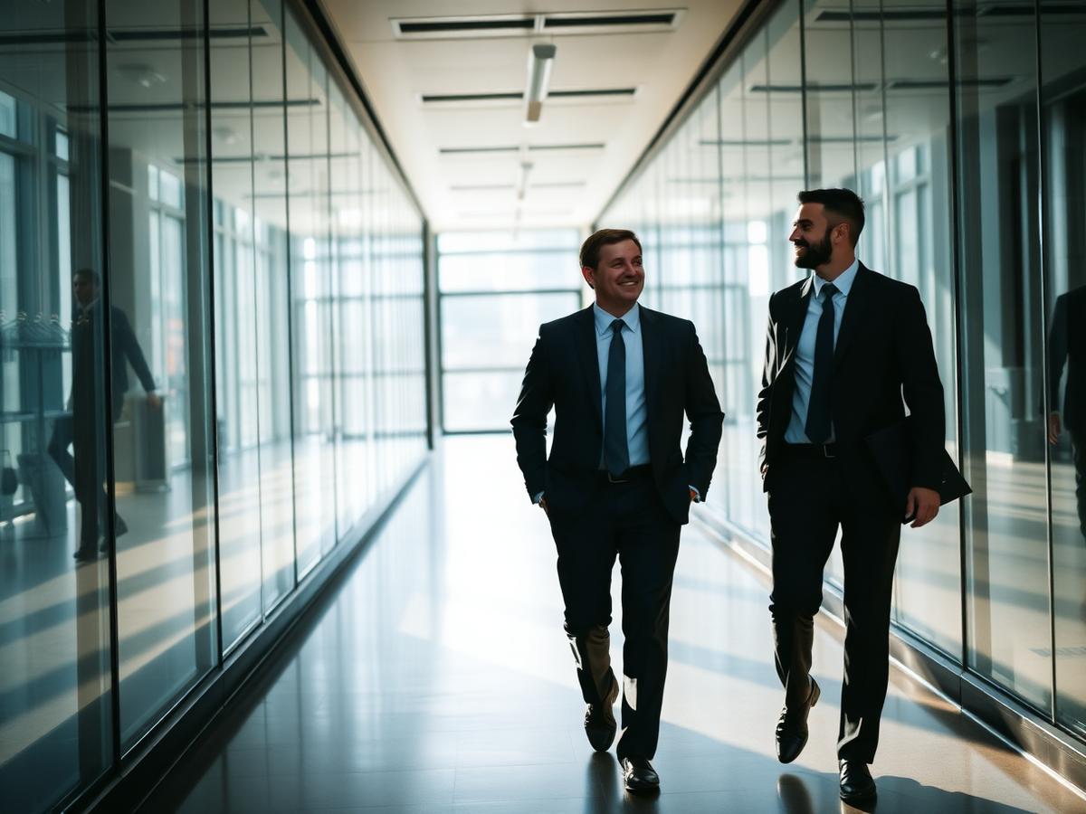 Two Finalogic advisers in conversation walking through a modern office
