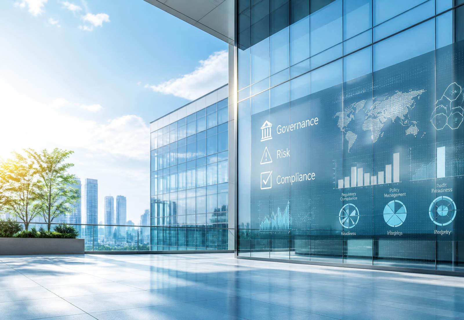 Modern glass office with governance, risk and compliance data visualisation