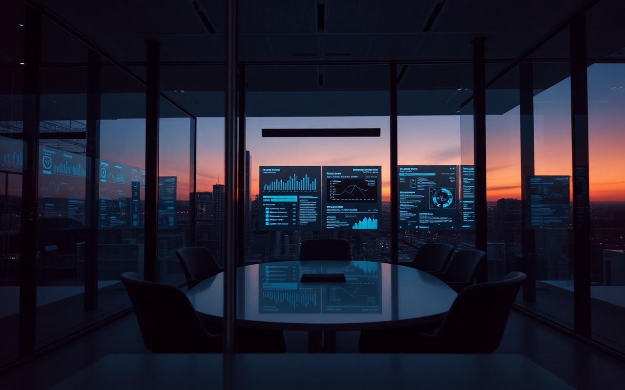 Glass meeting room at dusk with digital resilience dashboards