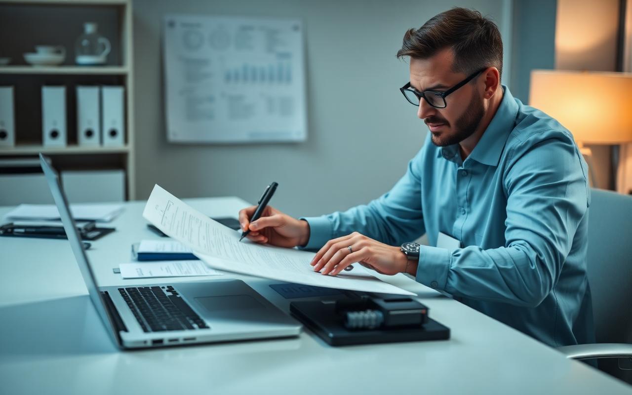 Auditor reviewing certification documentation at a desk