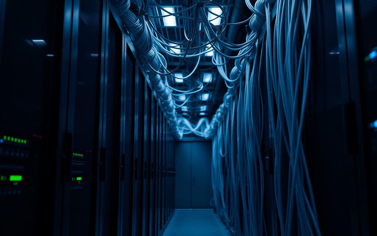 Data centre aisle with converging network cables