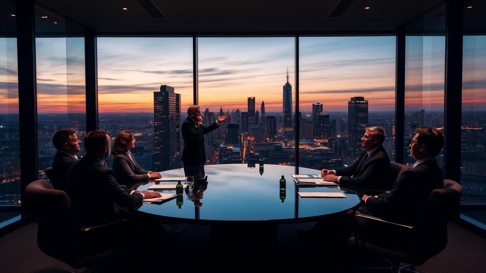 Adviser briefing a board of directors in a glass boardroom at dusk